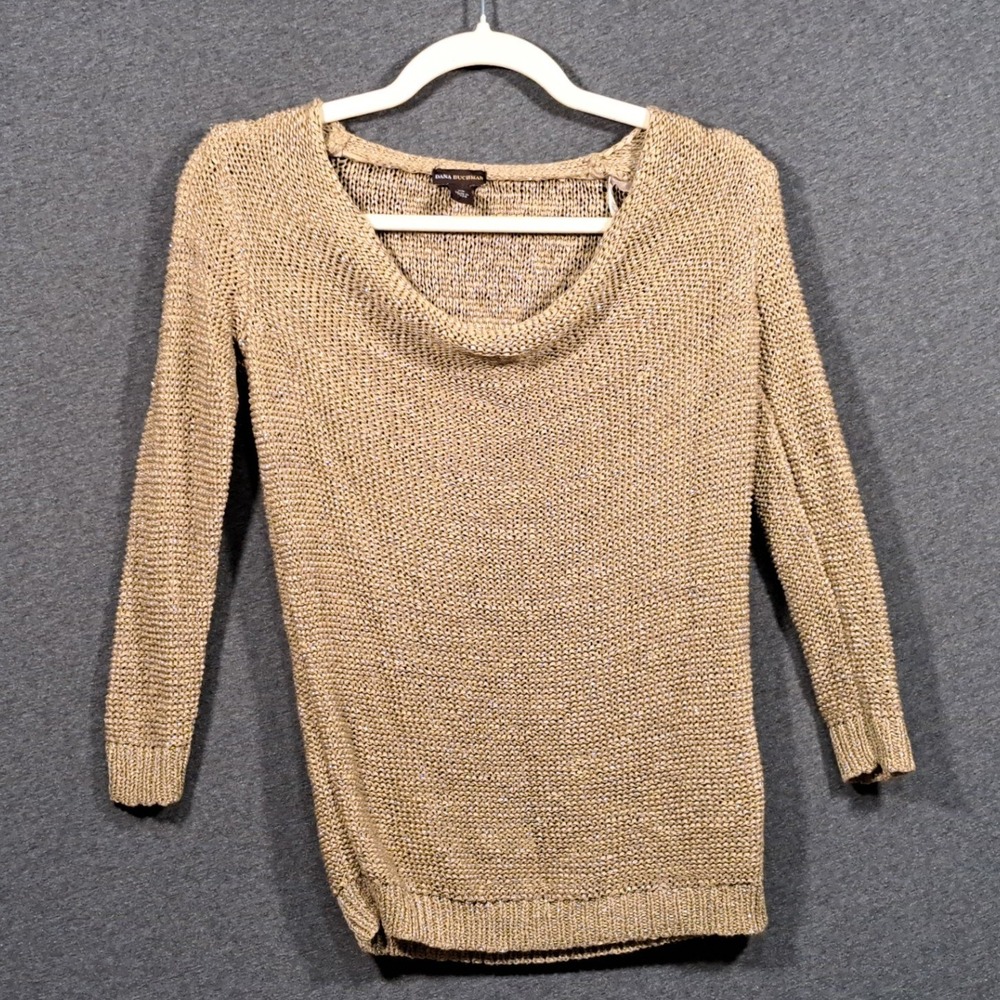 Dana Buchman Womens XS Gold Metallic Open Knit Scoop Neck Long Sleeve Sweater